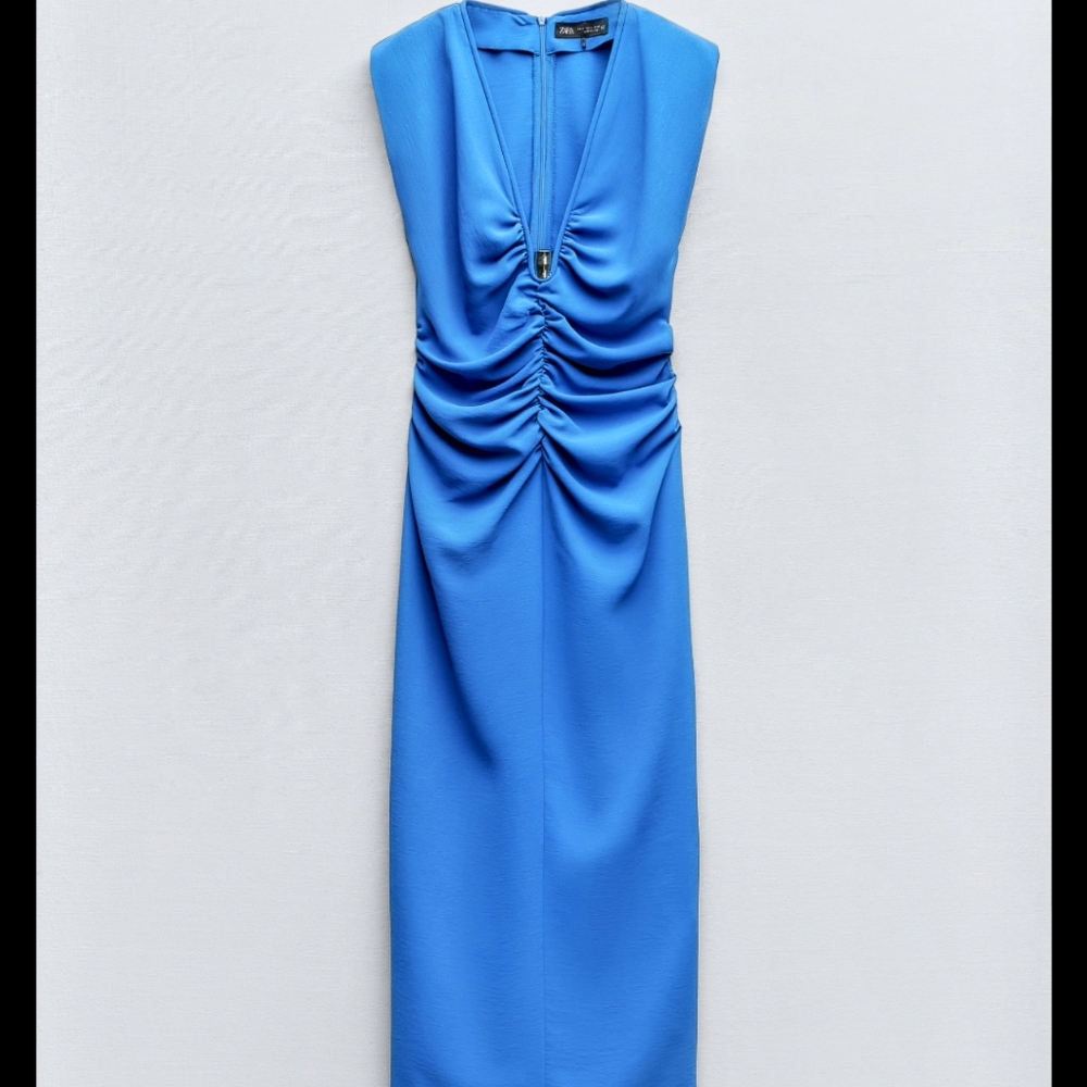 Zara Sleeveless Blue Crepe Midi Dress L